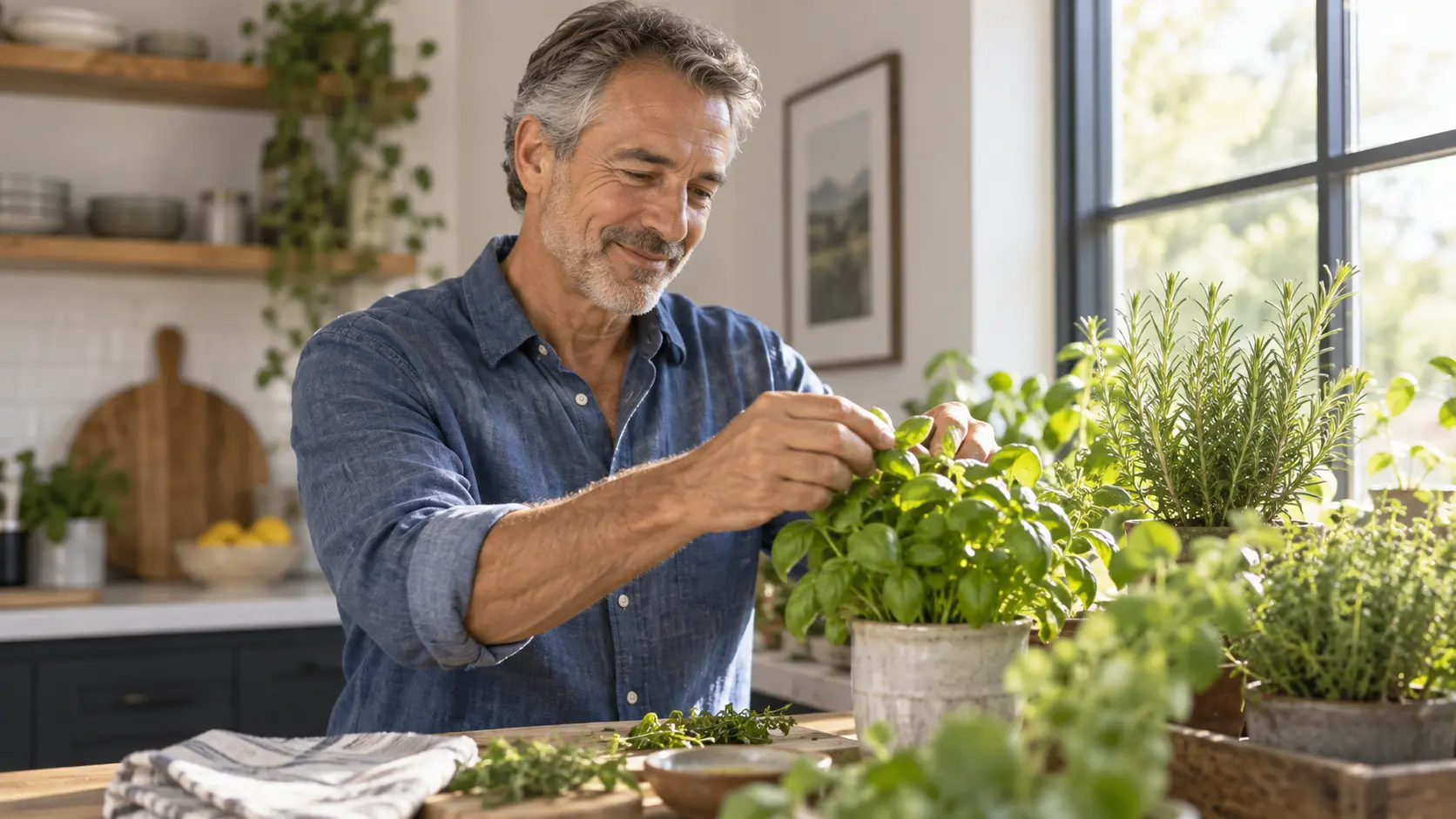 A man tending herbs in natural light