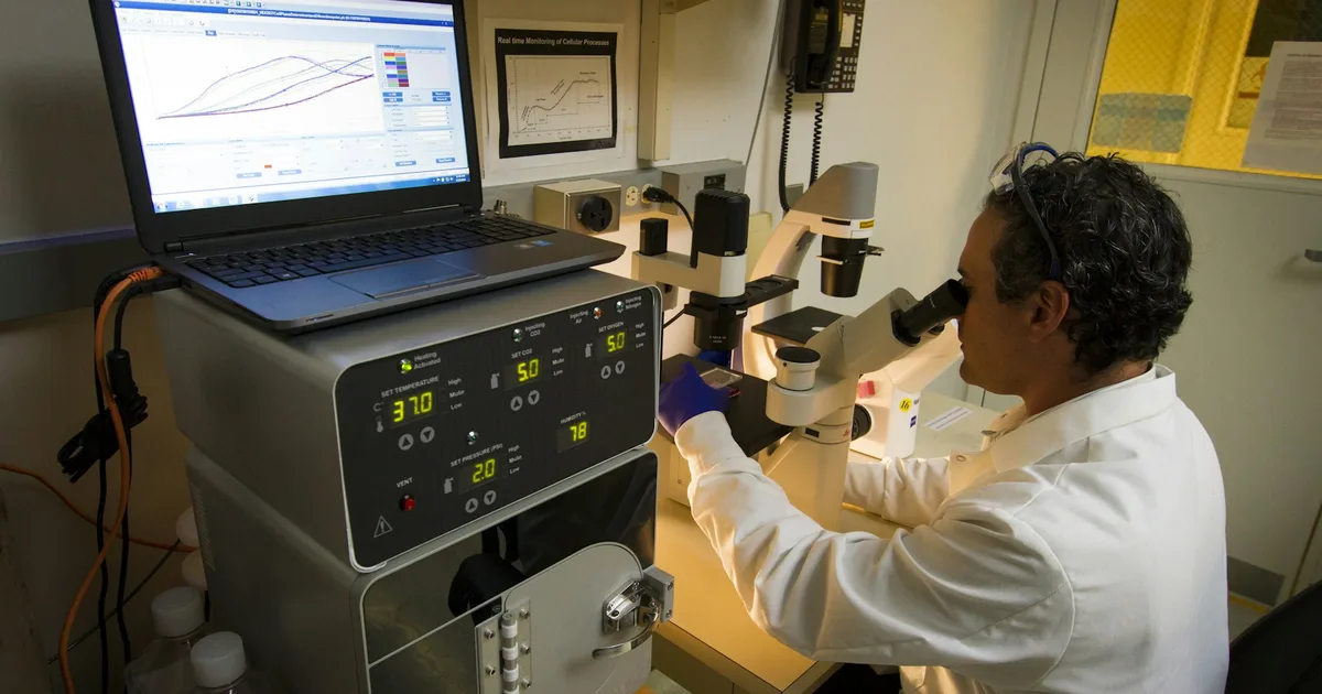 A National Cancer Institute technician reviews cellular data at a microscope.