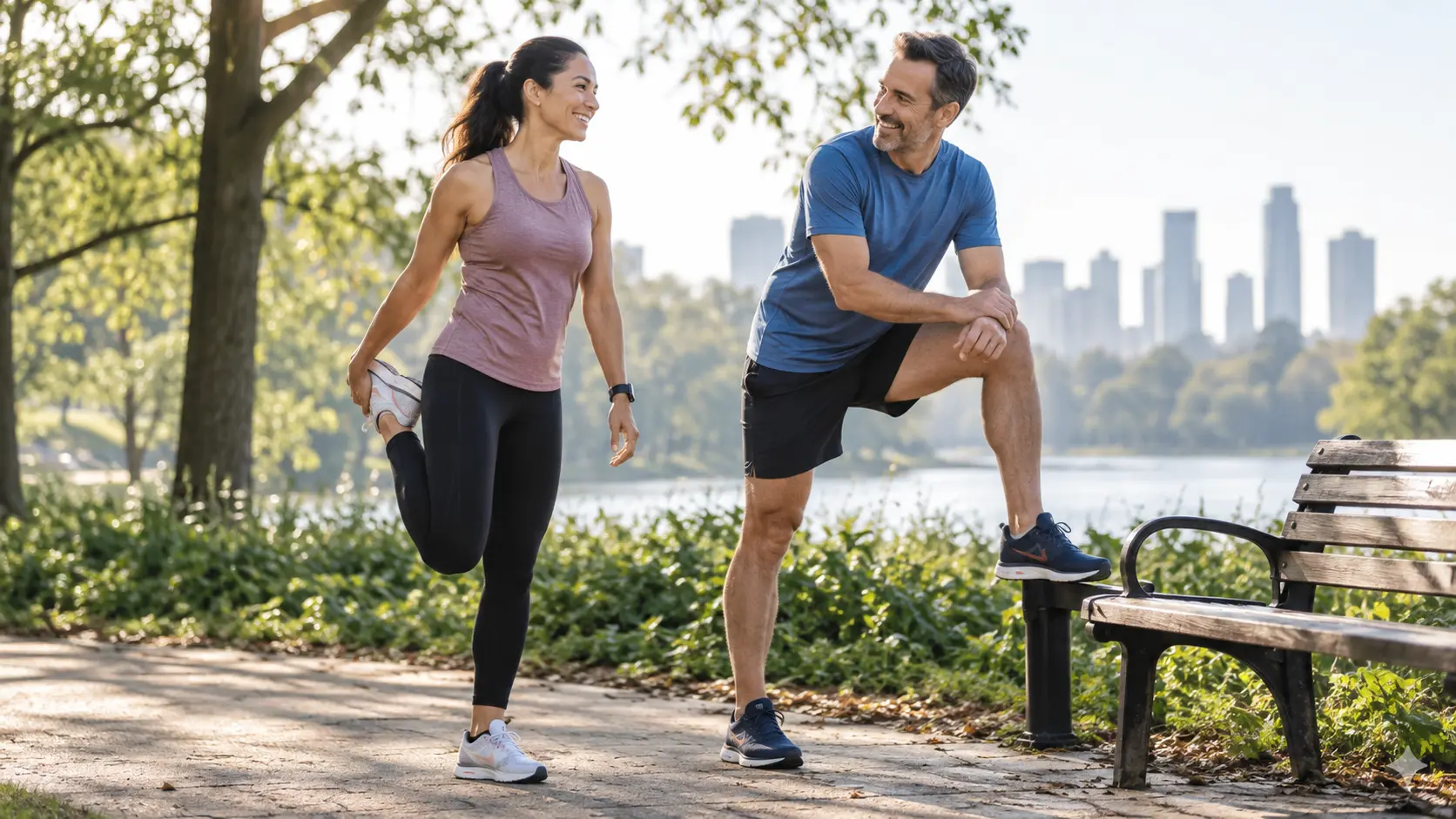 A man and woman stretching after a run