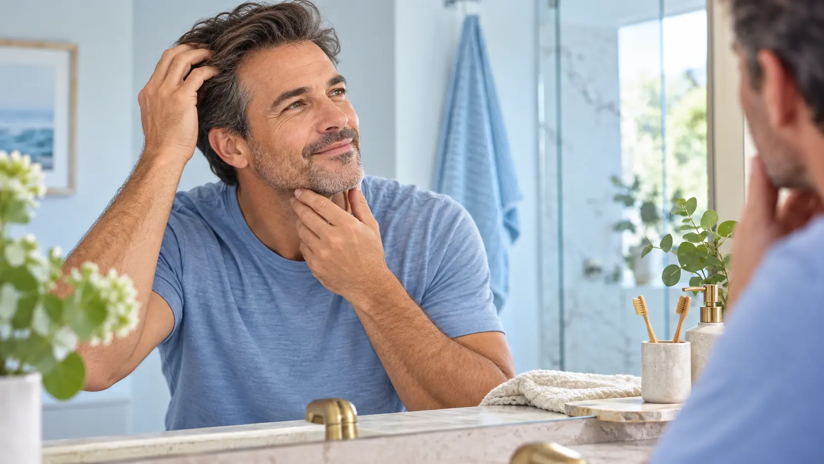 A man checking his hair and skin in a bathroom mirror