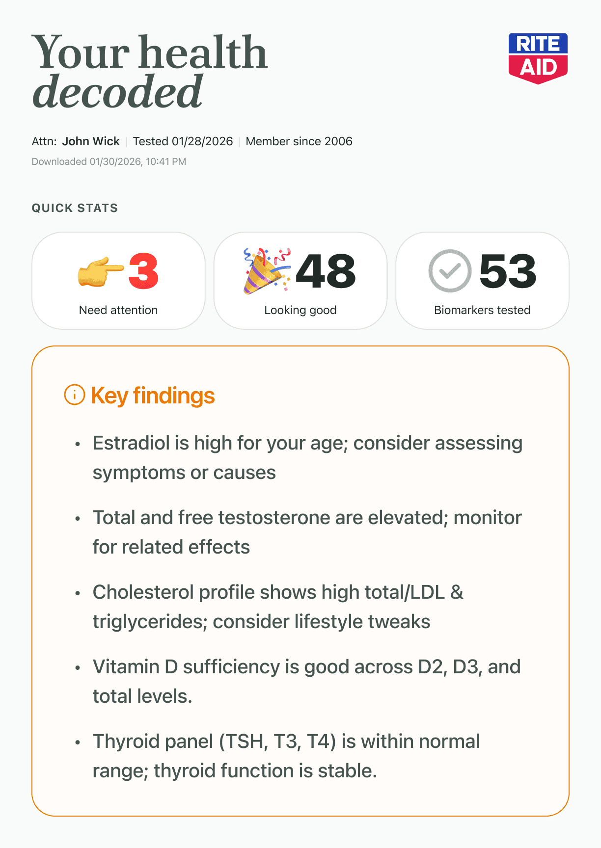 Sample health report with biomarker results, insights, and recommendations