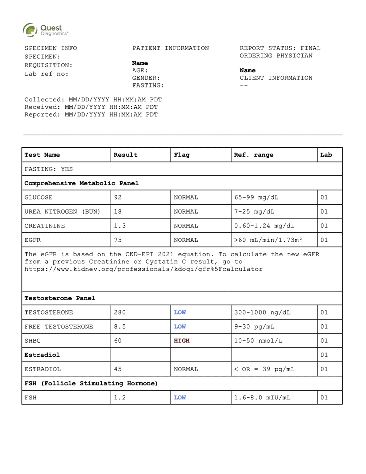 Sample health report with biomarker results, insights, and recommendations