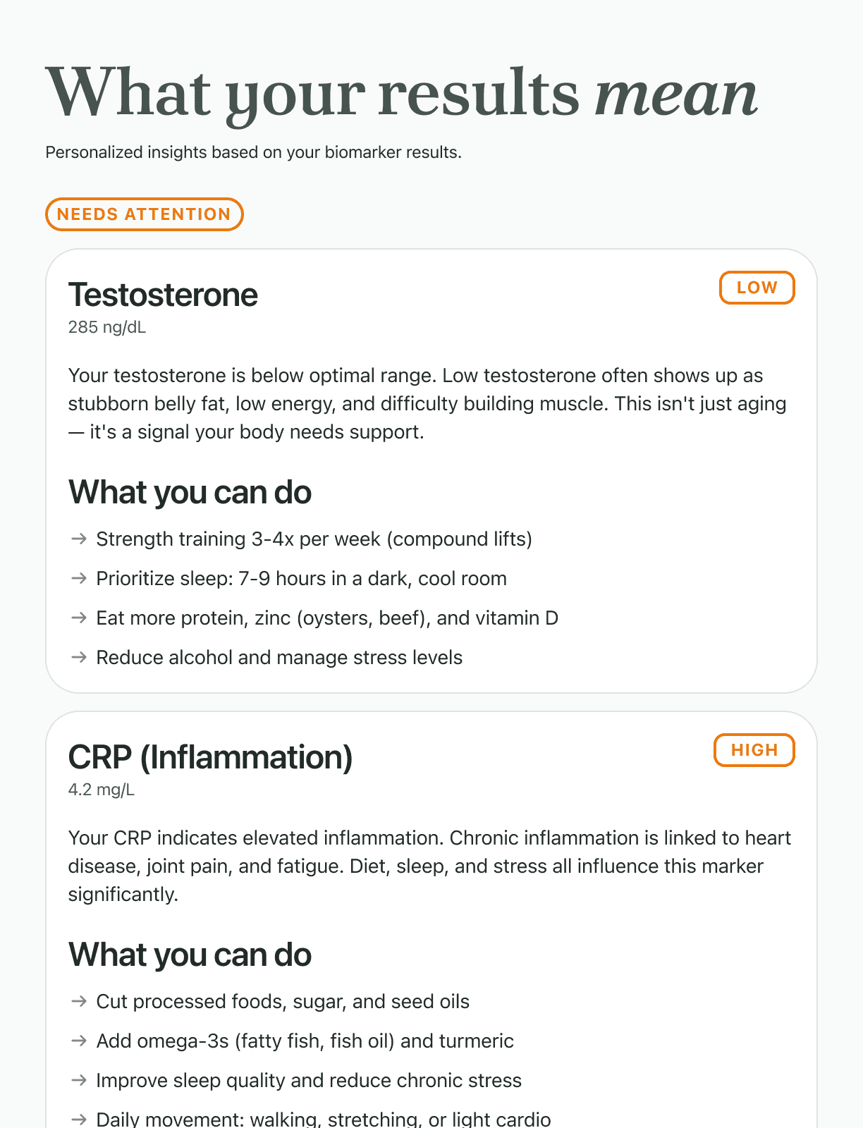 Sample health report with biomarker results, insights, and recommendations
