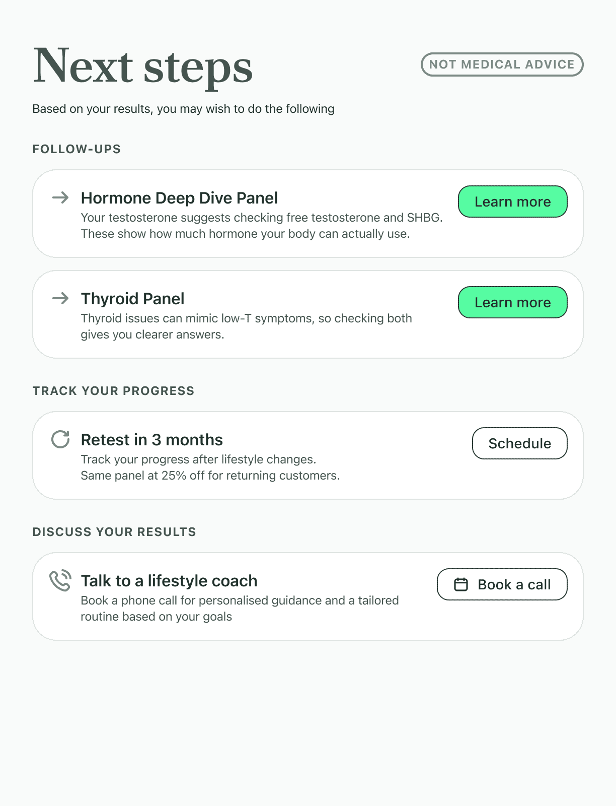 Sample health report with biomarker results, insights, and recommendations